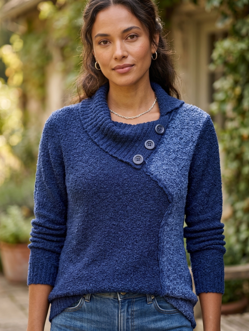 Papa Vancouver Cozy Blue Bouclé Knit Button Cowl Neck Coastal Grandma Sweater